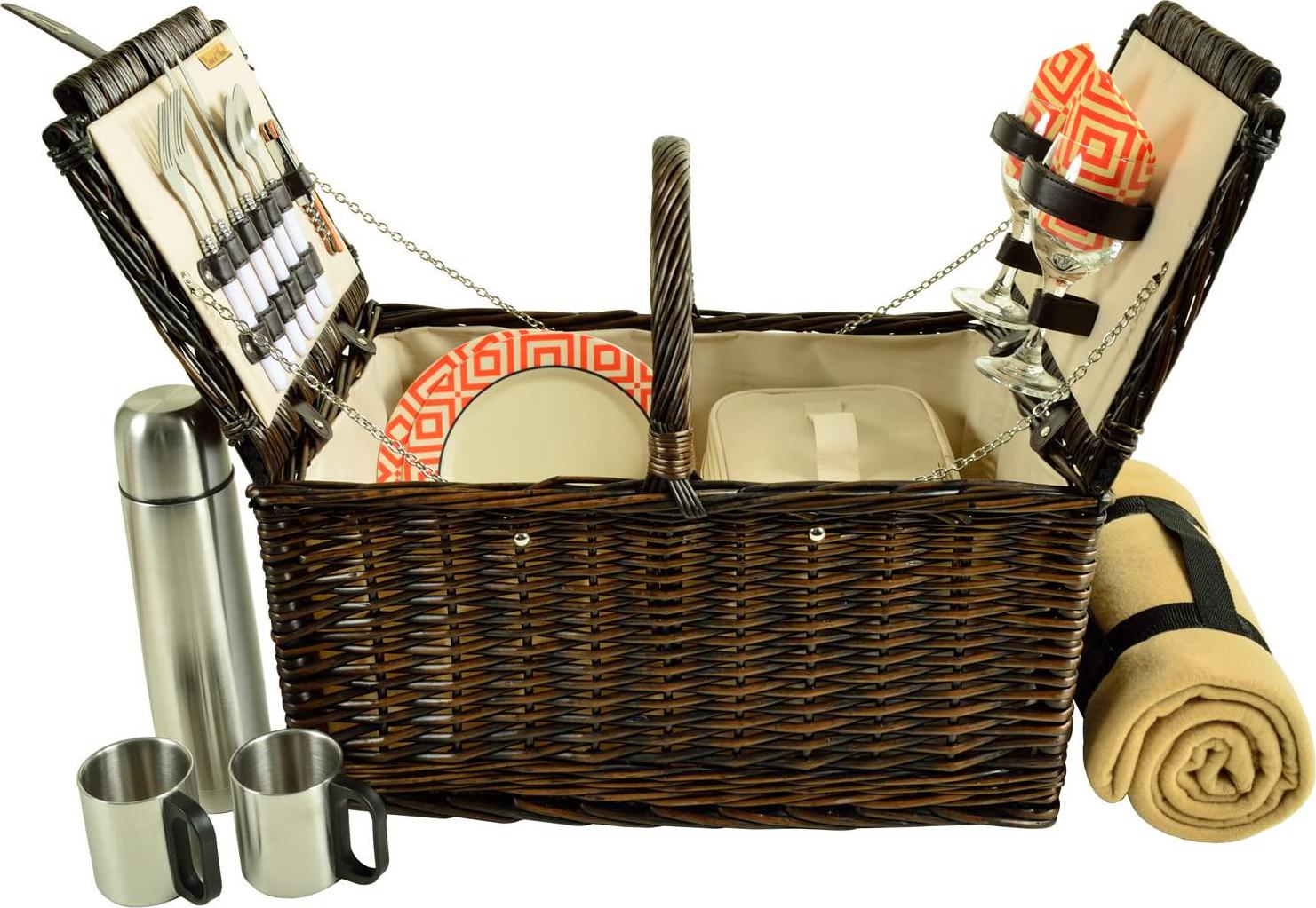 Picnic at Ascot Surrey Willow Picnic Basket With Blanket And Coffee Set, Brown Wicker/Diamond Orange-