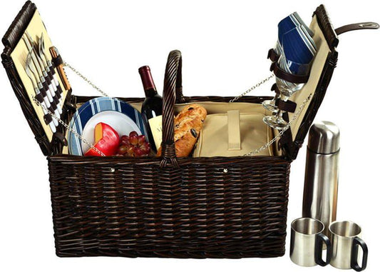 Picnic at Ascot Surrey Willow Picnic Basket with Service for 2 with Coffee Set - Blue Stripe-