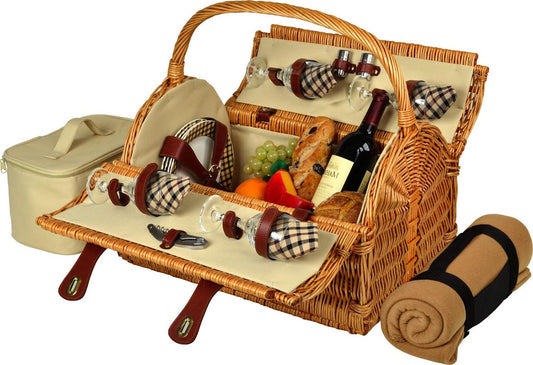 Picnic at Ascot Yorkshire Willow Picnic Basket with Service for 4 with Blanket - London Plaid-