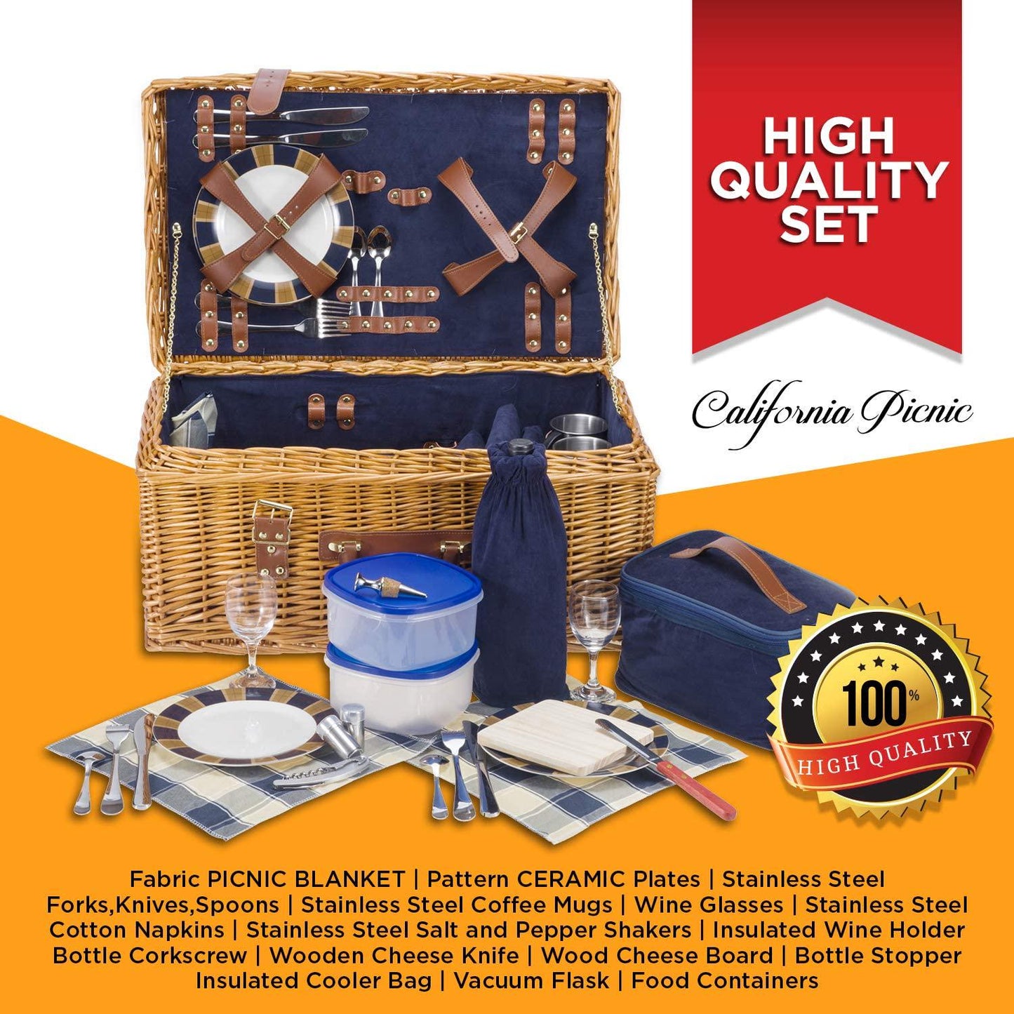 Picnic Basket Set Deluxe | Marshall Collection | 4 Person Coffee Service Set | Picnic Hamper Set Waterproof Picnic Blanket Ceramic Plates Metal Flatware