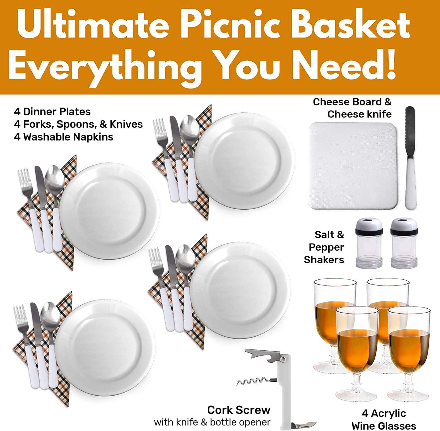 Picnic Basket Upgraded 2023 Model - Includes 4 Plates, Wine Glasses, Forks, Knives, Salt and Pepper Shakers, Wash Cloths and More -