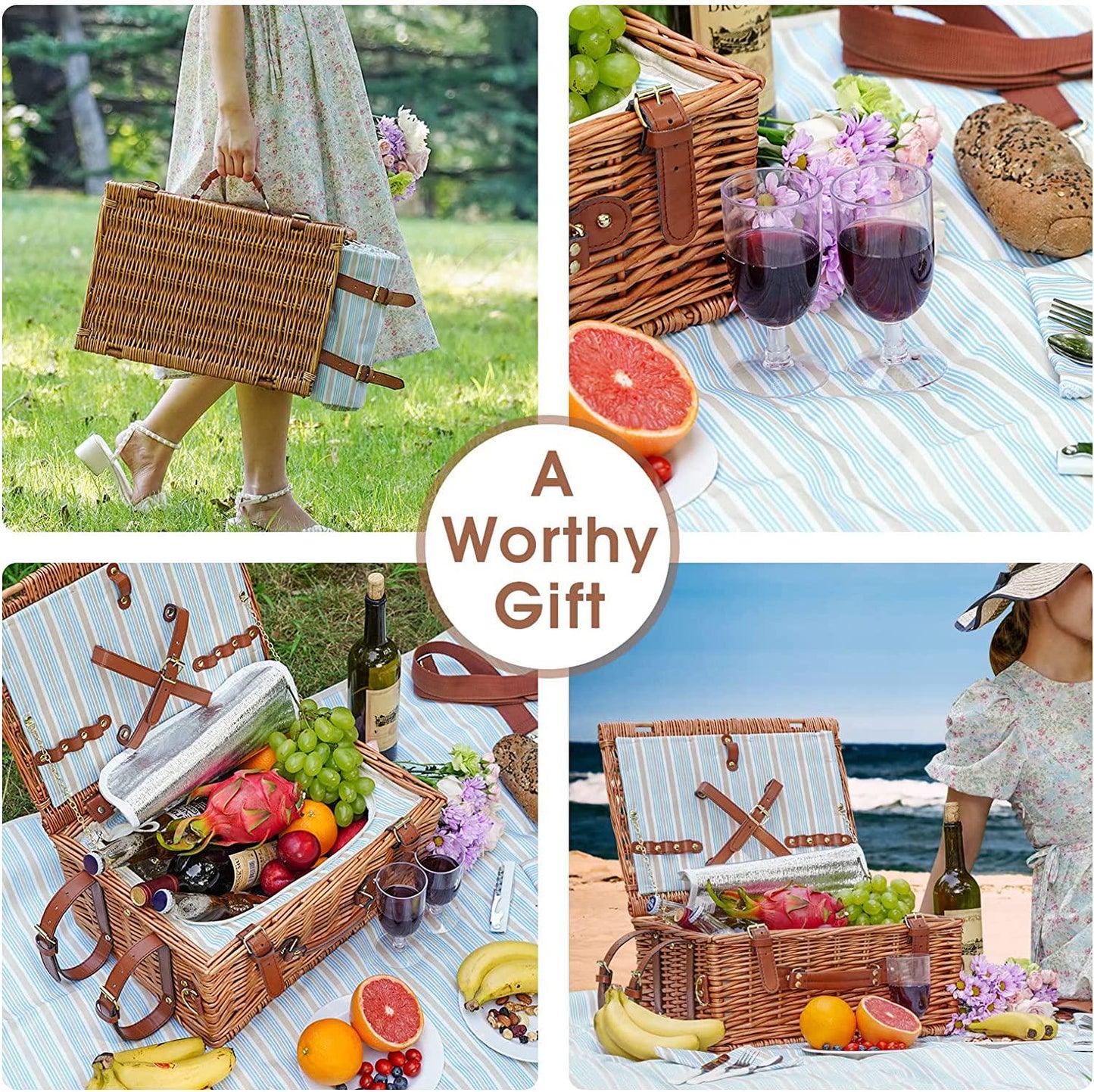 Picnic Cooler Basket Set for 2 Persons with Large Waterproof Picnic Blanket, Cutlery Service Kit and Adjustable Strap