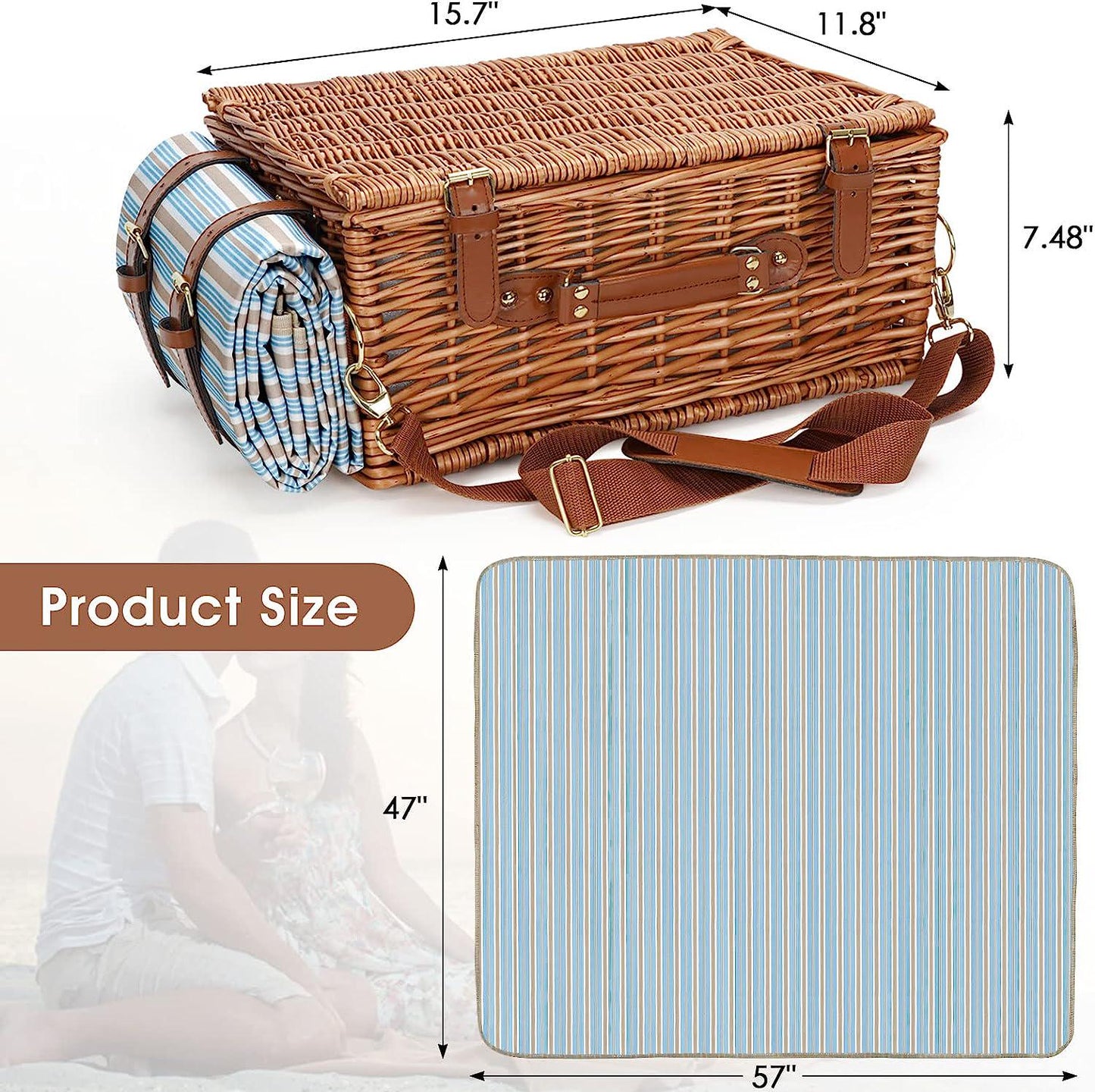 Picnic Cooler Basket Set for 2 Persons with Large Waterproof Picnic Blanket, Cutlery Service Kit and Adjustable Strap
