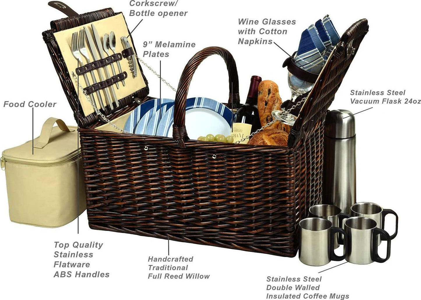 Picnic at Ascot Buckingham Picnic Willow Picnic Basket with Service for 4 and Coffee Service - Designed, Assembled and Quality Approved in the USA