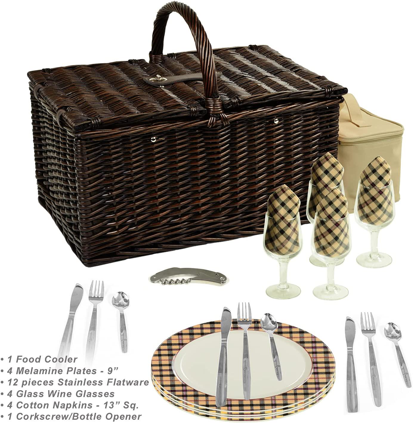 Picnic at Ascot Buckingham Willow Picnic Basket with Service for 4 - London Plaid