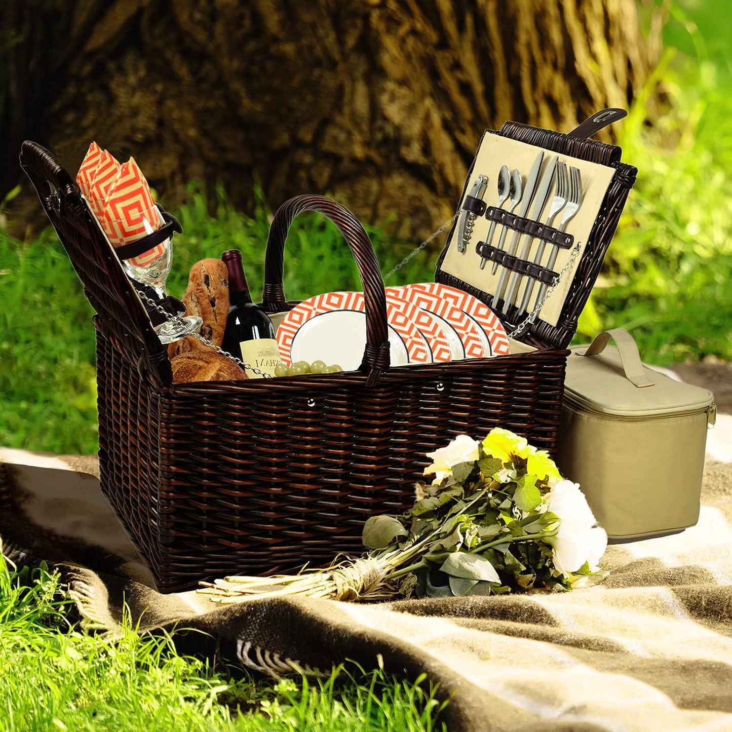 Picnic at Ascot Buckingham Willow Picnic Basket With Blanket And Coffee Service, Brown Wicker/Diamond Orange