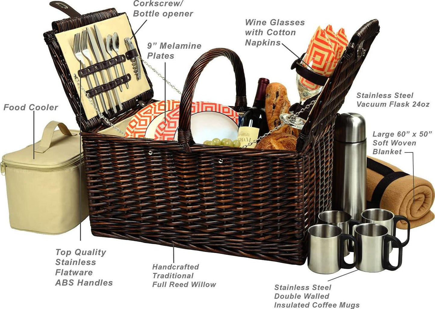Picnic at Ascot Buckingham Willow Picnic Basket With Blanket And Coffee Service, Brown Wicker/Diamond Orange