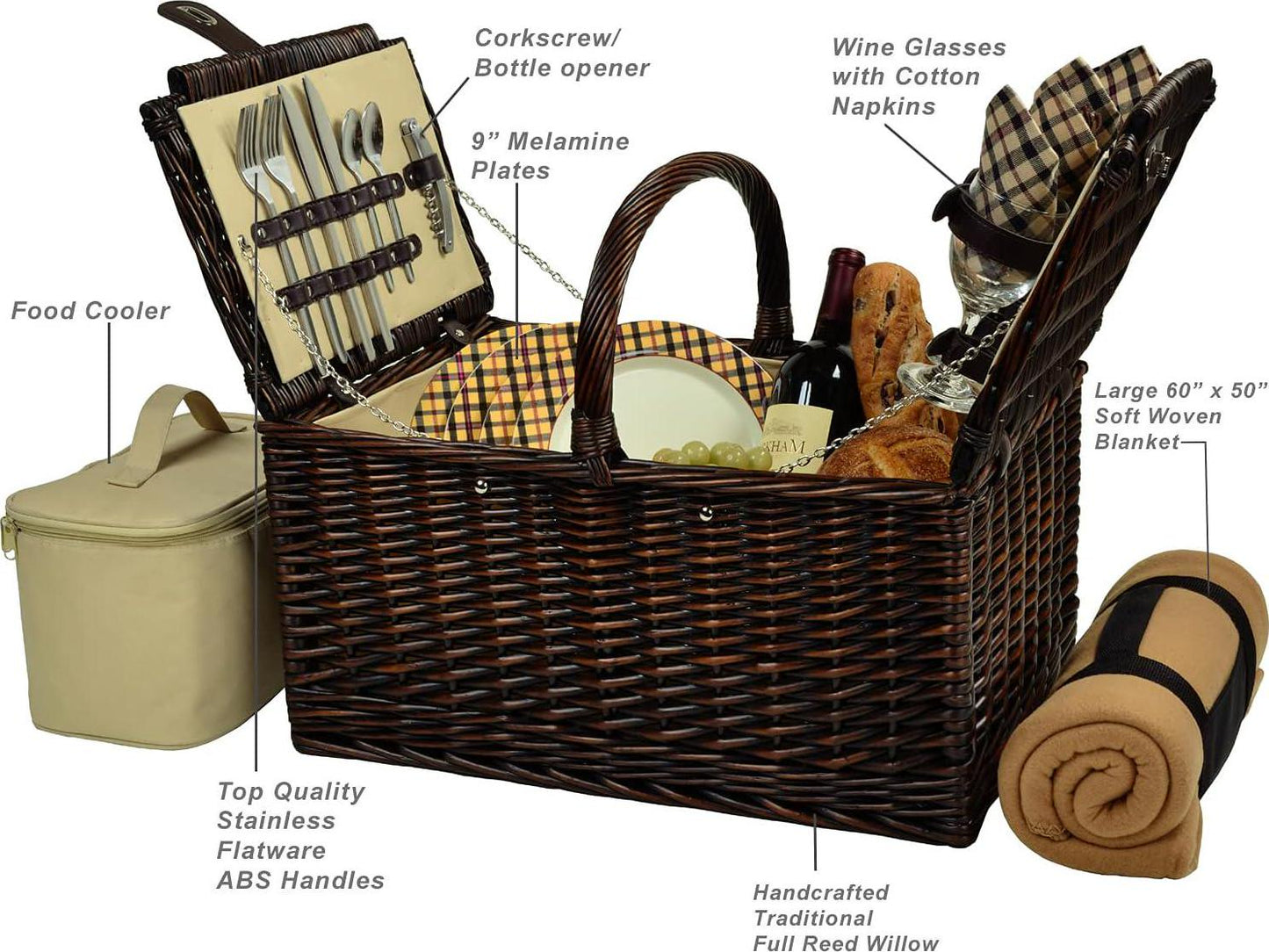 Picnic at Ascot Buckingham Willow Picnic Basket with Service for 4 with Blanket- London Plaid