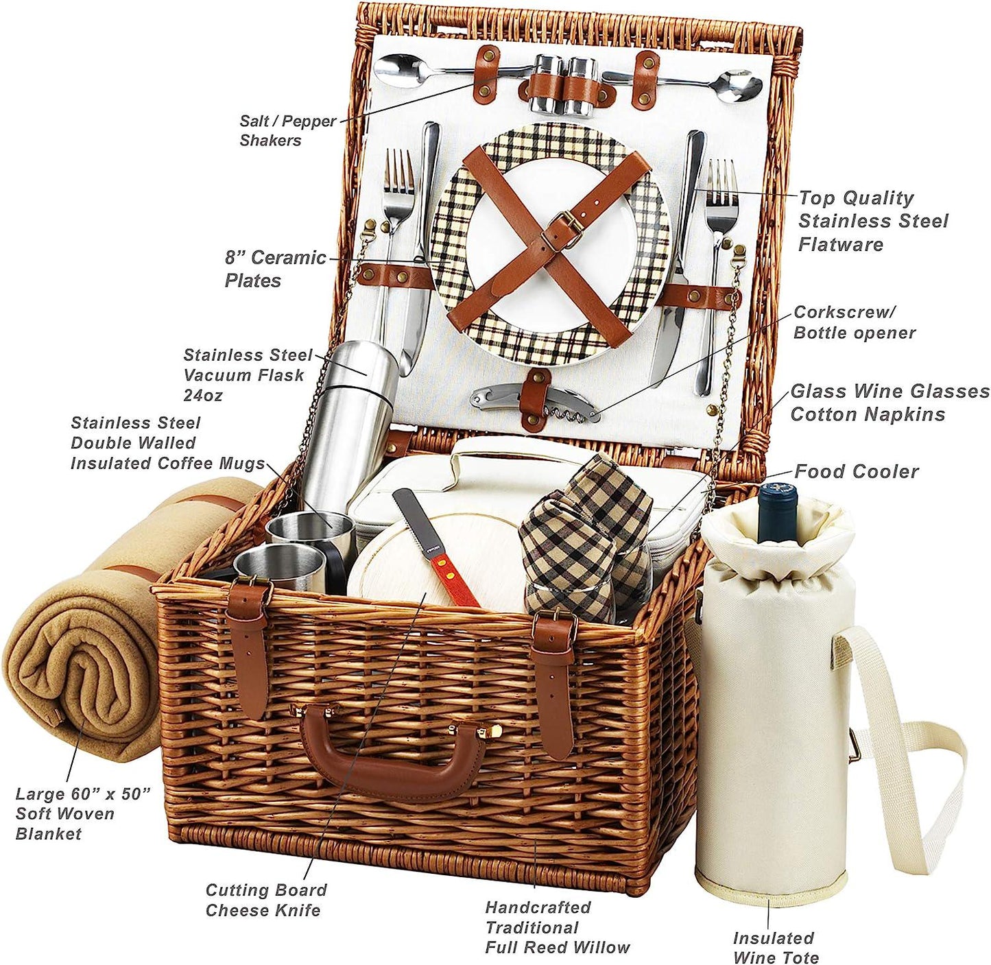 Picnic at Ascot Cheshire English-Style Willow Picnic Basket with Service for 2, Coffee Set and Blanket - London Plaid