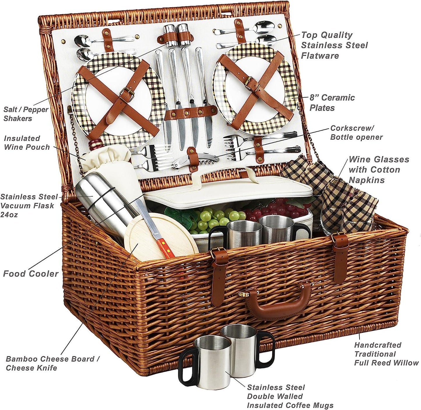 Picnic at Ascot Dorset English-Style Willow Picnic Basket with Service for 4 and Coffee Set - London Plaid