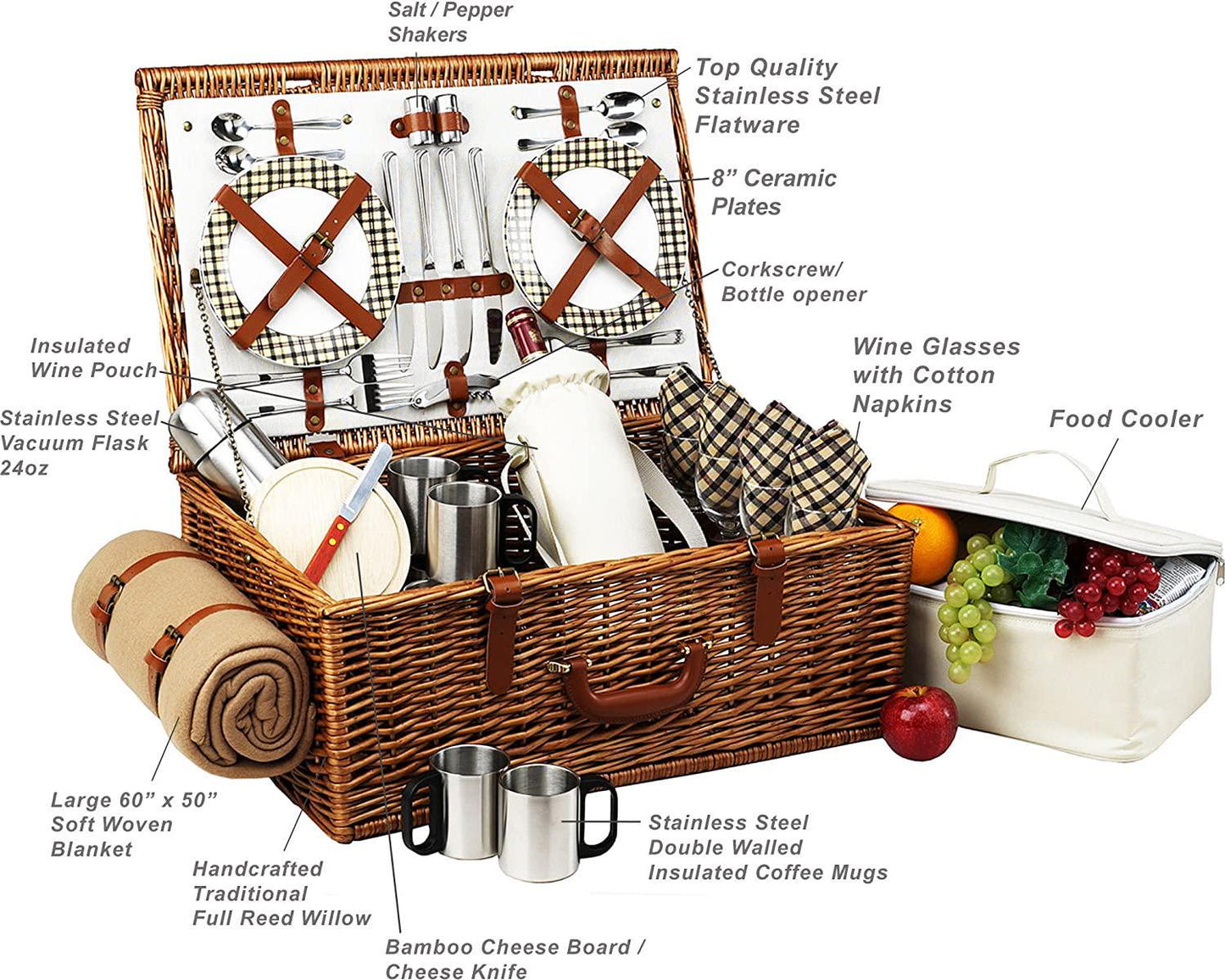 Picnic at Ascot Dorset English-Style Willow Picnic Basket with Service for 4, Coffee Set and Blanket- Designed, Assembled and Quality Approved in the USA