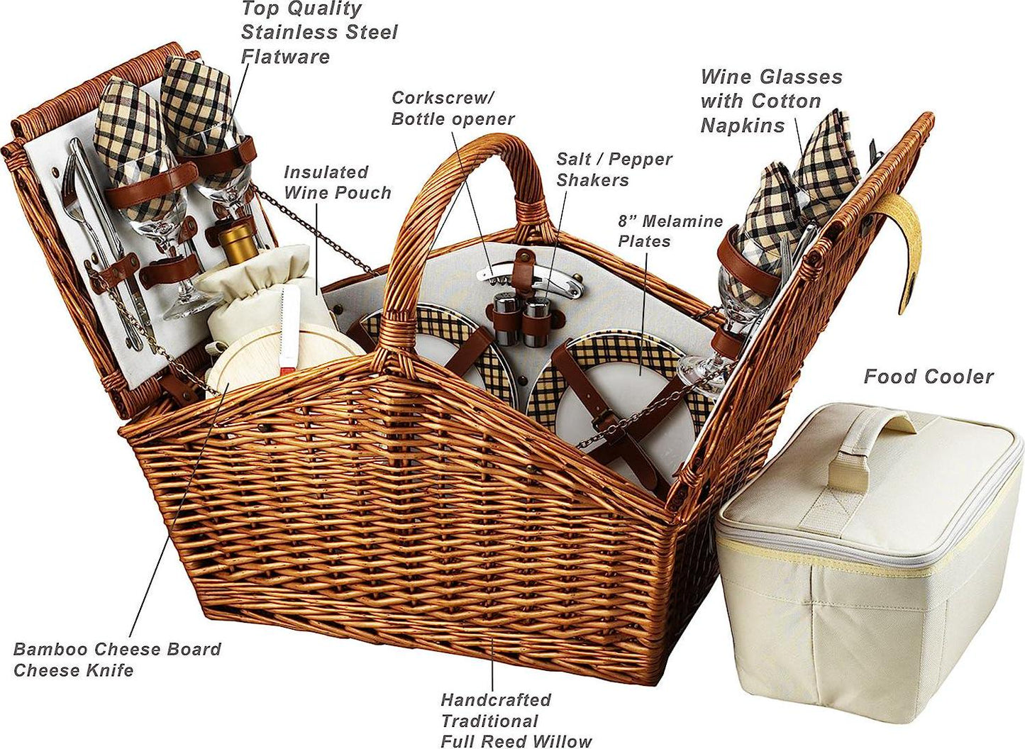 Picnic at Ascot Huntsman English-Style Willow Picnic Basket with Service for 4 - London Plaid