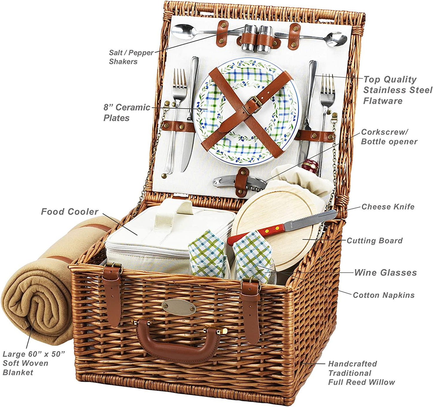 Picnic at Ascot Original Cheshire English-Style Willow Picnic Basket with Service for 2 and Blanket- Designed,