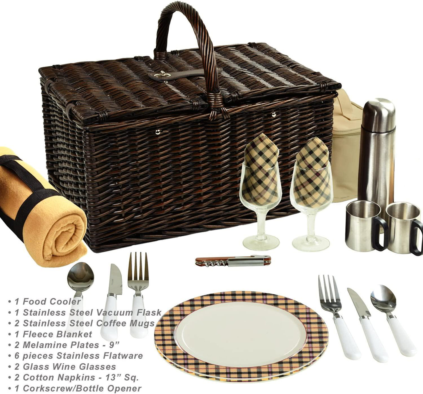 Picnic at Ascot Surrey Willow Picnic Basket with Service for 2 with Blanket and Coffee Set- Designed, Assembled and Quality Approved in the USA