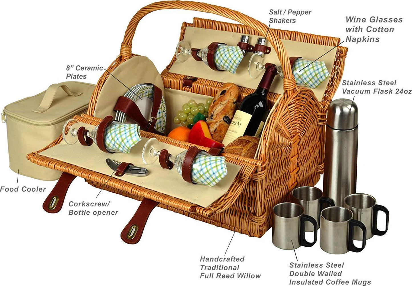 Picnic at Ascot Yorkshire Willow Picnic Basket with Service for 4, with Coffee Set - Gazebo