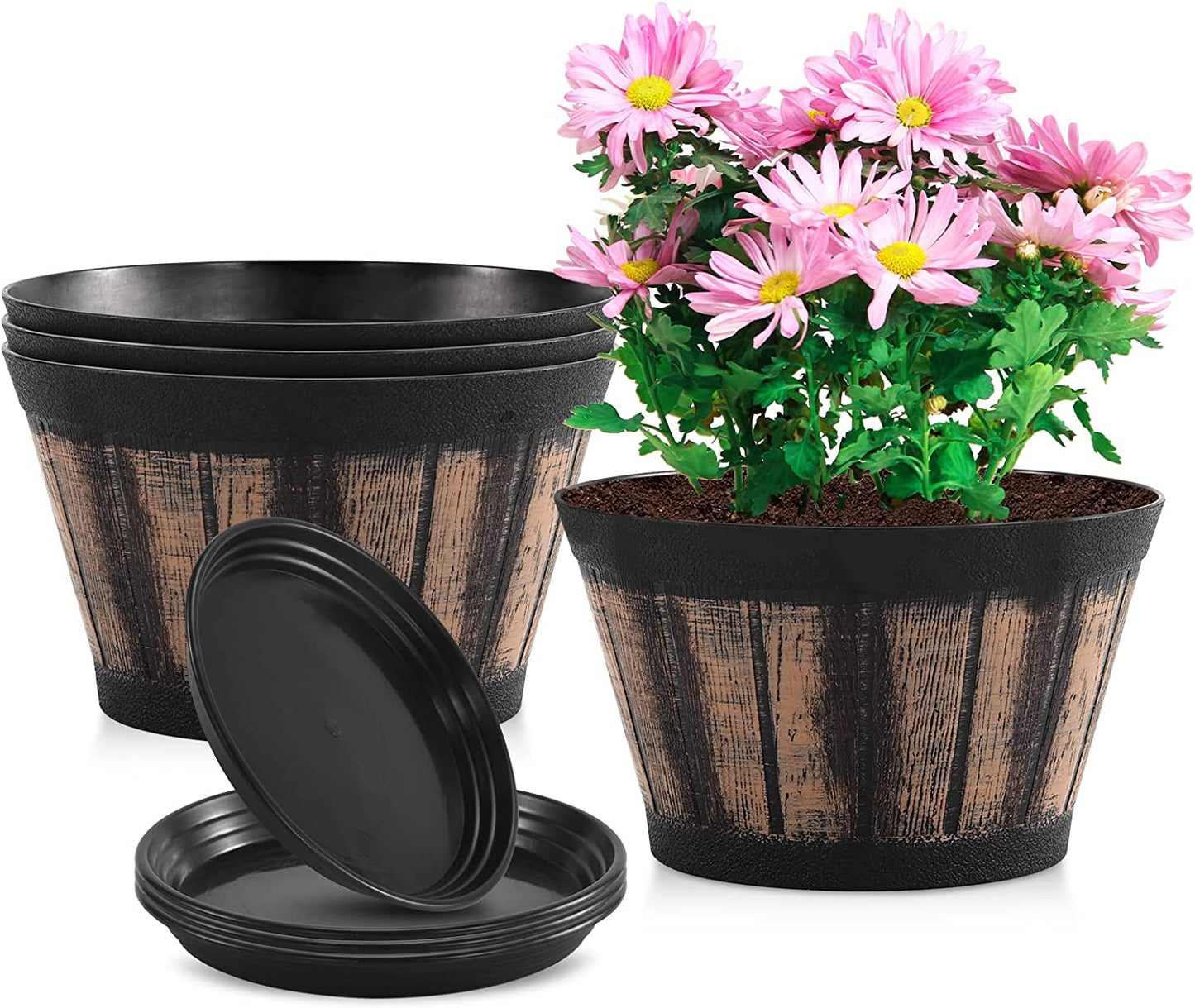 Plant Pots Set of 4 Pack 8 inch.Whiskey Barrel Planters with Drainage Holes and Saucer.Plastic Decoration Flower Pots Imitation Wine Barrel Design,Canbe for Indoor and Outdoor Garden Home Plants ( Brown)-