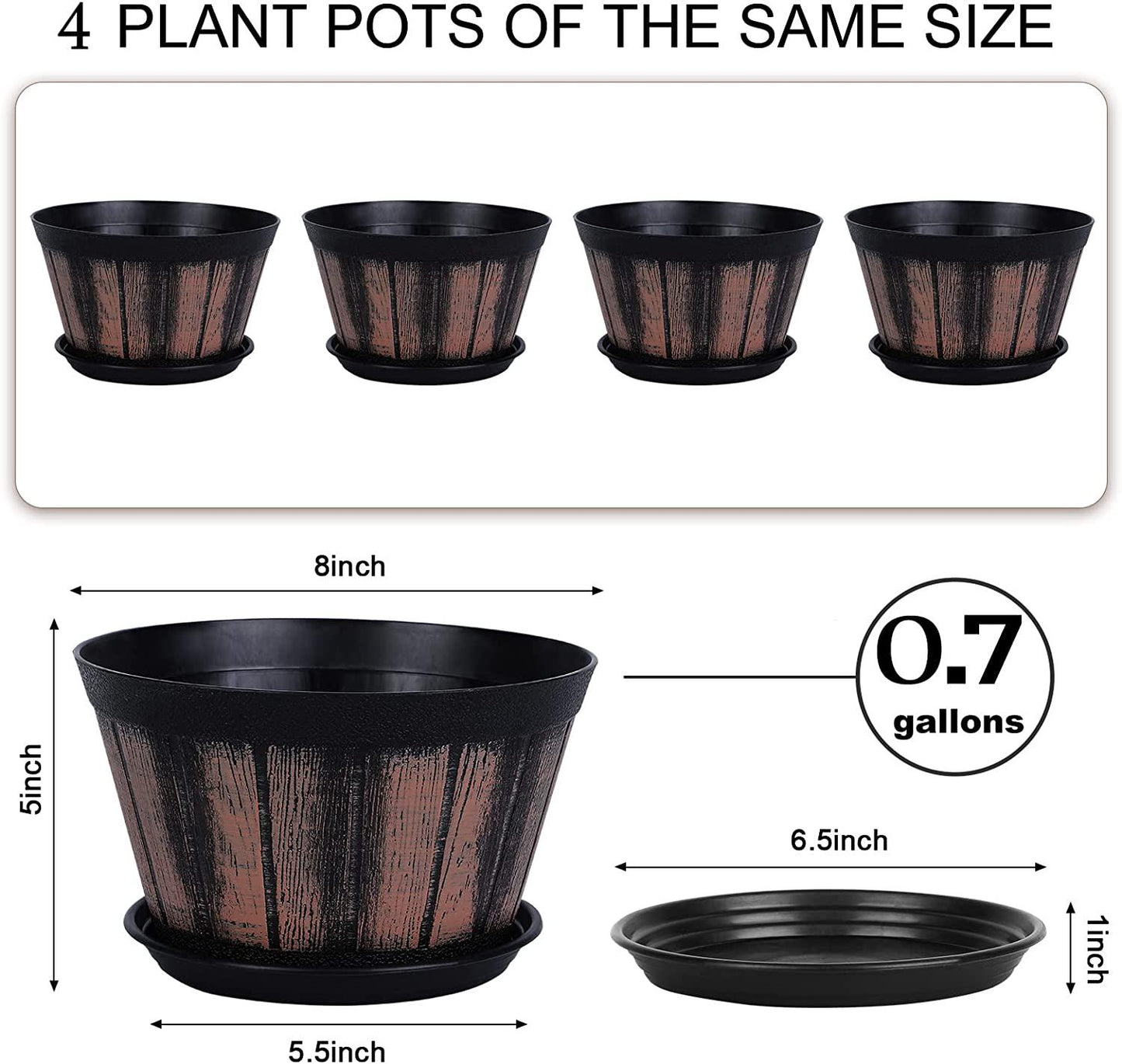Plant Pots Set of 4 Pack 8 inch.Whiskey Barrel Planters with Drainage Holes and Saucer.Plastic Decoration Flower Pots Imitation Wine Barrel Design,Canbe
