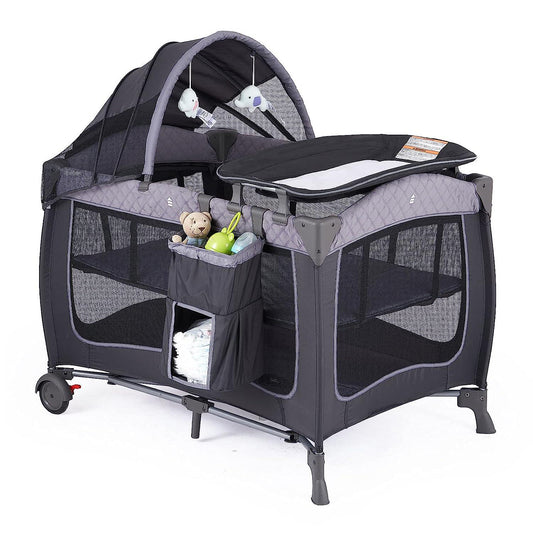 Portable Baby Nursery Center Baby Playard, Foldable Baby Crib with Changing Table and Wheels(Grey)-