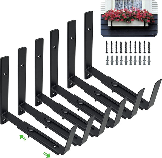 Pusonor Adjustable Window Box Bracket 6 Pack, Heavy Duty Planter Box Bracket Flower Box Holder Wall Mount Suitable for Planter Boxes 6 inches to 12 inches Deep-