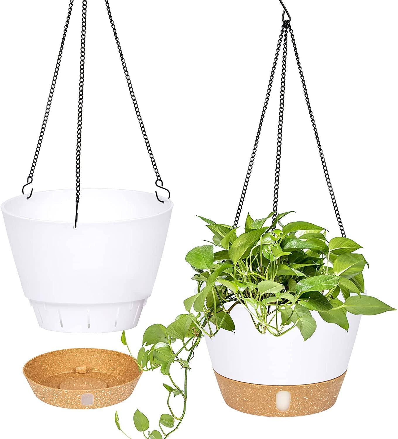 QCQHDU 2 Pack Hanging Planters Set,10 Inch Indoor Outdoor Hanging Plant Pot Basket,Hanging Flower Pot with Drainage Hole with 3 Hooks for Garden Home(White)-