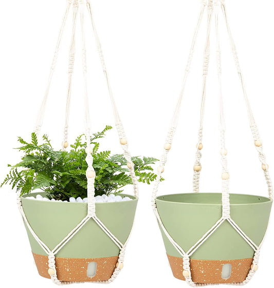 QCQHDU Hanging Planters for Indoor Plants,2 Pack Macrame Plant Hanger with Pots with Cotton Rope,Hanging Plant Holder Outdoor Home Decor. (Green-8 inch)-