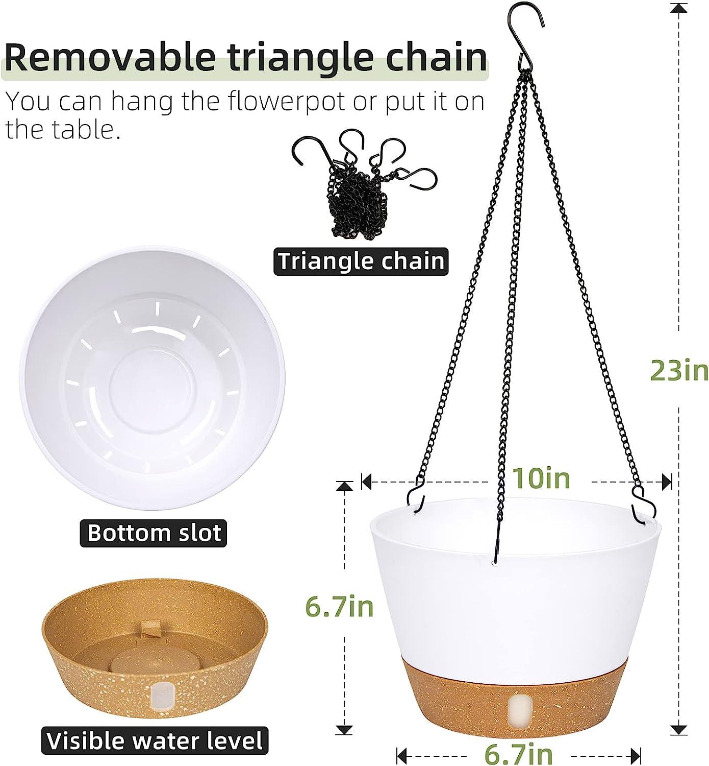 QCQHDU 2 Pack Hanging Planters Set,10 Inch Indoor Outdoor Hanging Plant Pot Basket,Hanging Flower Pot with Drainage Hole with 3 Hooks for Garden Home(White)