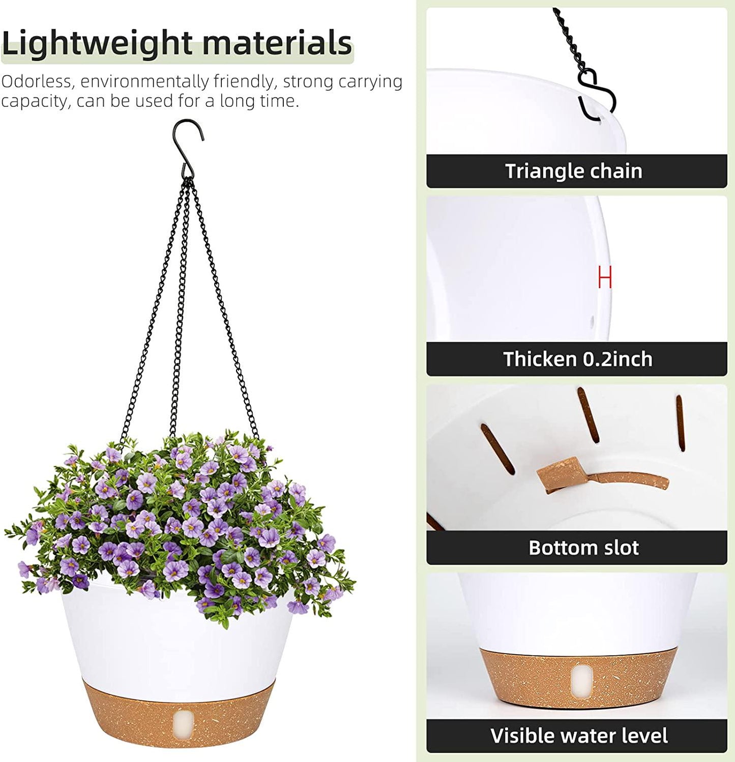 QCQHDU 2 Pack Hanging Planters Set,10 Inch Indoor Outdoor Hanging Plant Pot Basket,Hanging Flower Pot with Drainage Hole with 3 Hooks for Garden Home(White)