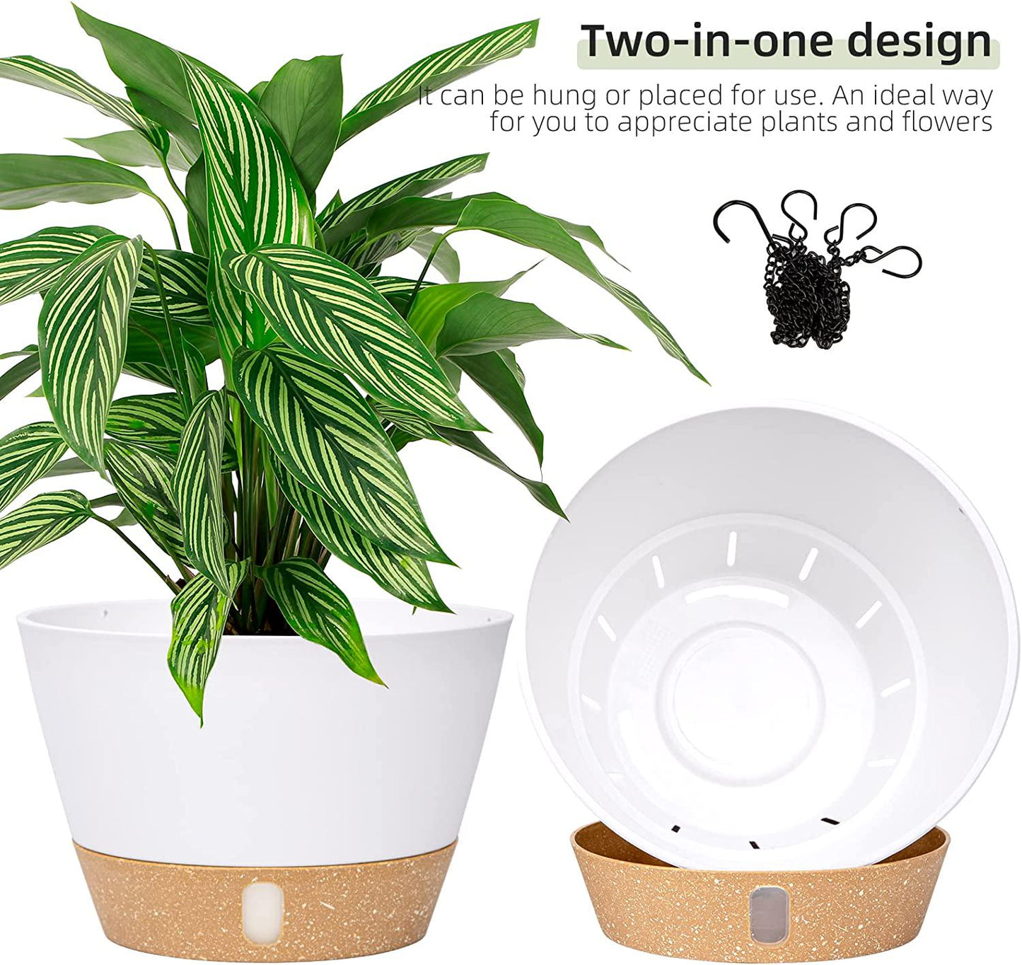 QCQHDU 2 Pack Hanging Planters Set,10 Inch Indoor Outdoor Hanging Plant Pot Basket,Hanging Flower Pot with Drainage Hole with 3 Hooks for Garden Home(White)