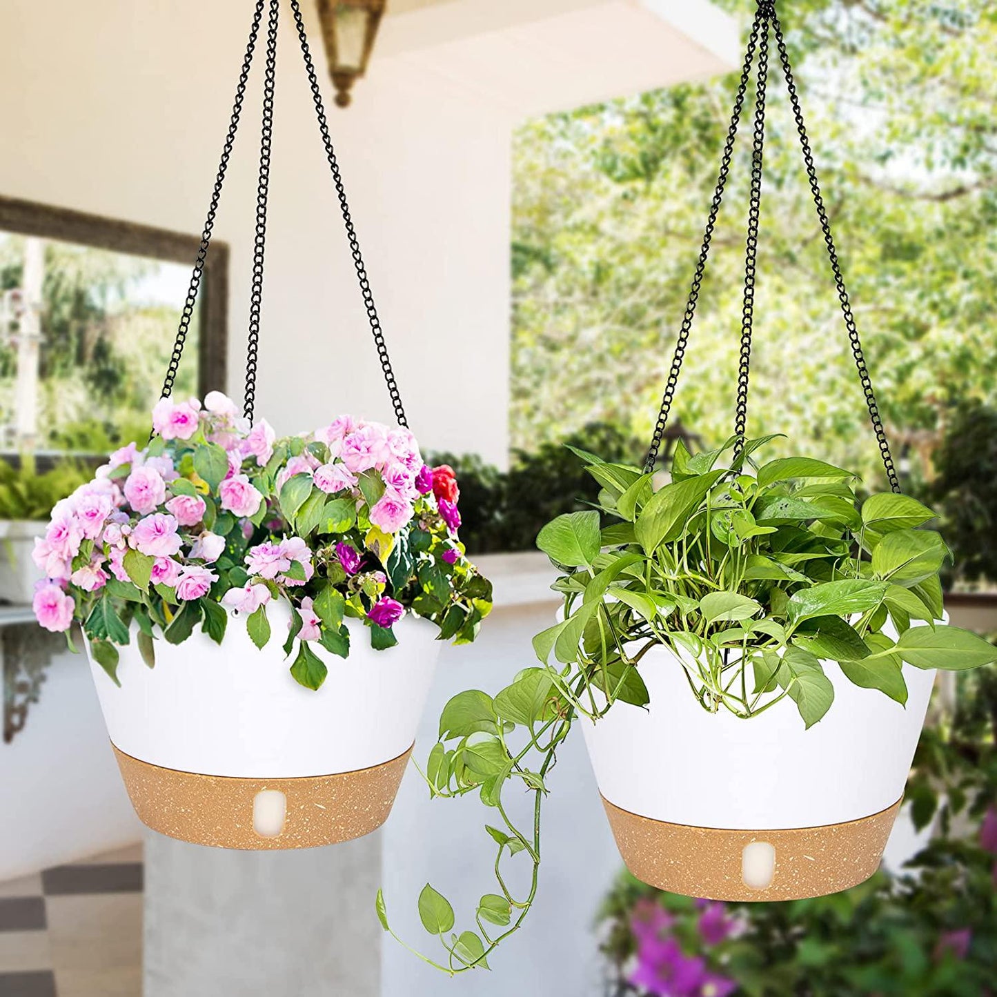 QCQHDU 2 Pack Hanging Planters Set,10 Inch Indoor Outdoor Hanging Plant Pot Basket,Hanging Flower Pot with Drainage Hole with 3 Hooks for Garden Home(White)