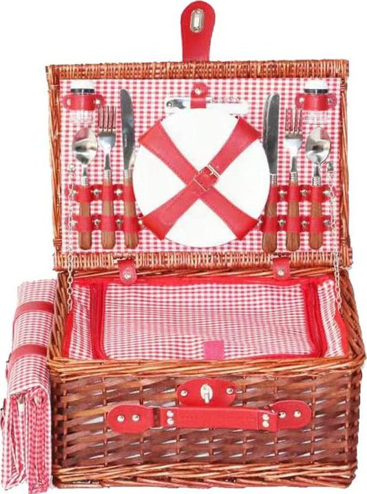 RICA-J 4-Person Picnic Basket Set, Woodchips Weaving Picnic Basket with Plates, Flatware, Picnic Blanket, Complete Tool Set for Outdoor Patio Picnic-