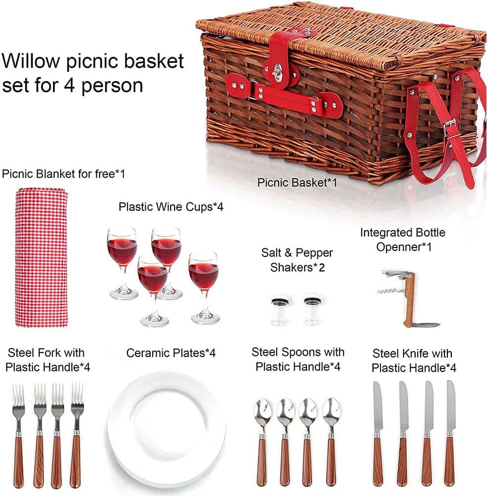RICA-J 4-Person Picnic Basket Set, Woodchips Weaving Picnic Basket with Plates, Flatware, Picnic Blanket, Complete Tool Set for Outdoor Patio Picnic
