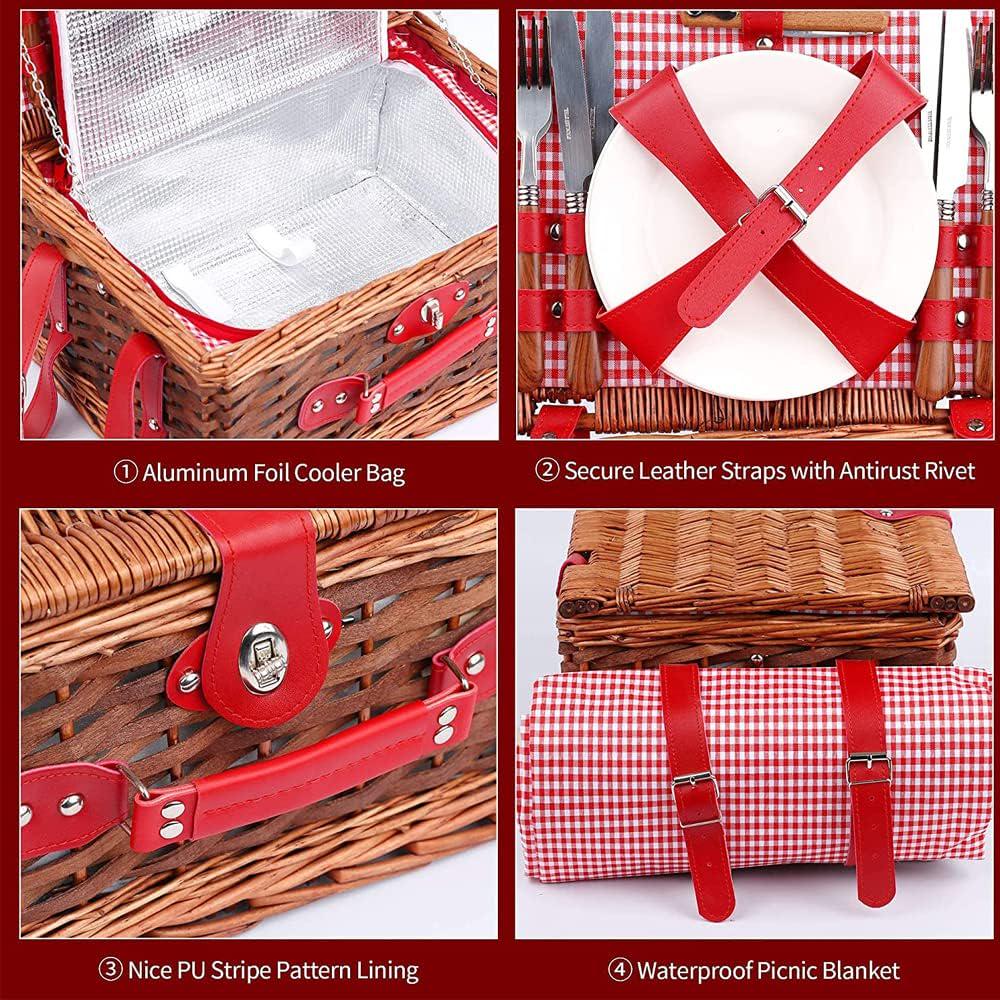 RICA-J 4-Person Picnic Basket Set, Woodchips Weaving Picnic Basket with Plates, Flatware, Picnic Blanket, Complete Tool Set for Outdoor Patio Picnic