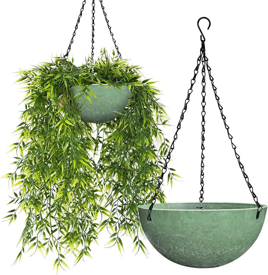RIFNY Large Hanging Planters for Indoor Outdoor Plants, 12 Inch Resin Plastic Hanging Baskets Flower Pots with Drainage Hole Heavy Duty Metal Chains (2Pack-Green)-