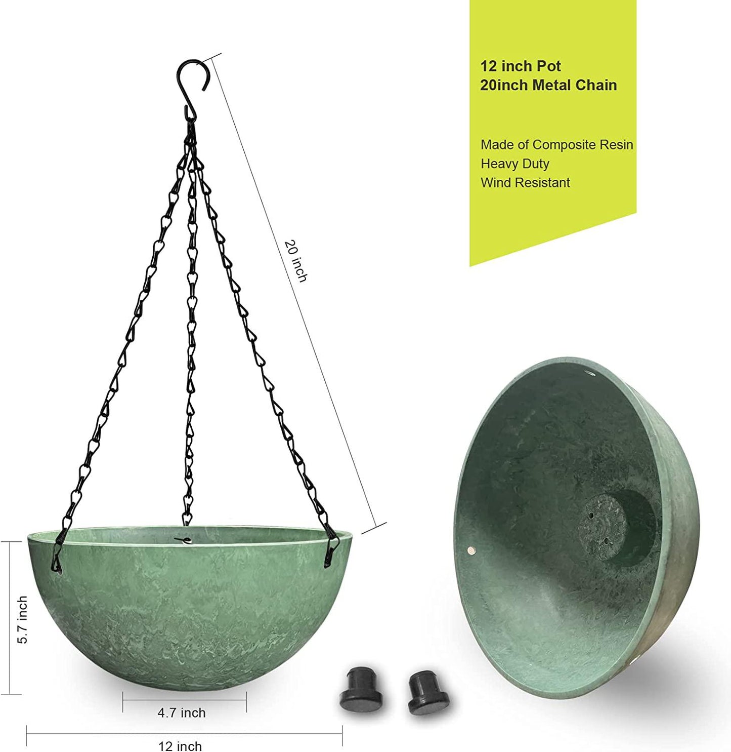 RIFNY Large Hanging Planters for Indoor Outdoor Plants, 12 Inch Resin Plastic Hanging Baskets Flower Pots with Drainage Hole Heavy Duty Metal Chains (2Pack-Green)