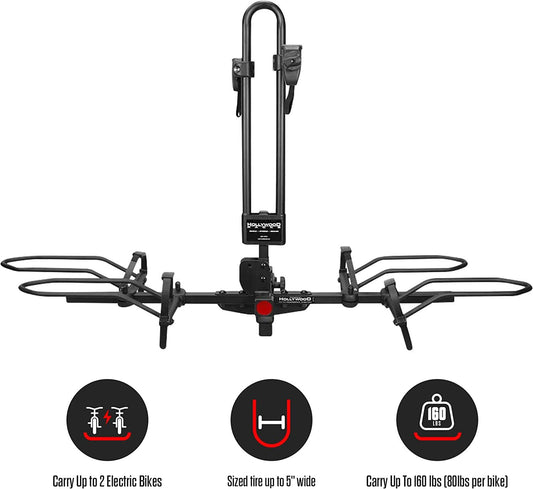 RV Rider Hitch Bike Rack for 2 E-Bikes up to 80 lbs Each - Premium Electric Bike Rack for RV, Fifth Wheel, Flat Towed Vehicle - Durable EBike Rack for Standard and Fat Tire Bikes-