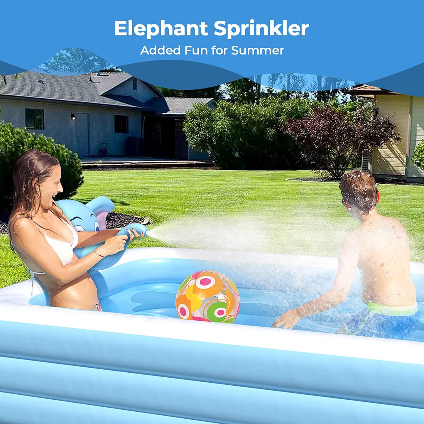 Reinmoson Inflatable Swimming Pool, 130 x 72 x 22 Large Kids Pool for Backyard with Elephant Sprinkler, Large Blow  Pool Age 3+