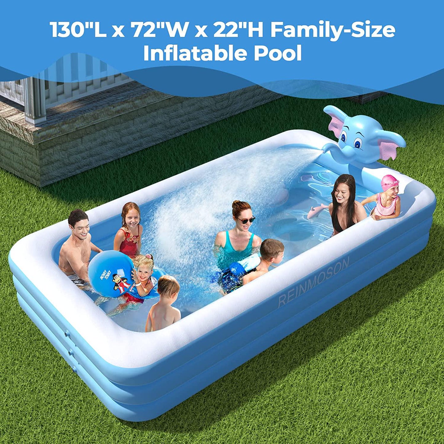 Reinmoson Inflatable Swimming Pool, 130 x 72 x 22 Large Kids Pool for Backyard with Elephant Sprinkler, Large Blow  Pool Age 3+