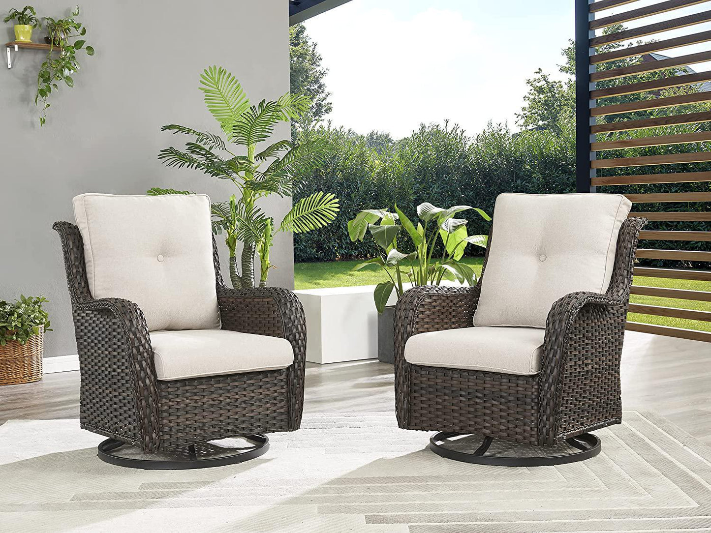 Rilyson Wicker Rocking Chair Swivel Chairs - 4 Piece Rocker Patio Chairs Set Rattan Rocking Chair for Outdoor Porch Deck Garden Backyard(Brown/Beige)