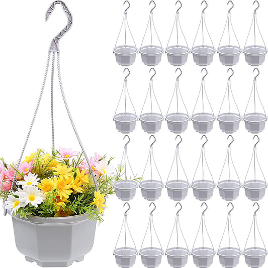 Roshtia 24 Pcs Plastic Hanging Planter Hanging Flower Plant Pots with Hook Hanging Pot for Plants Hanging Plant Basket Chain Basket Planter Holder for Outdoor Indoor Plant and Garden Balcony, White-