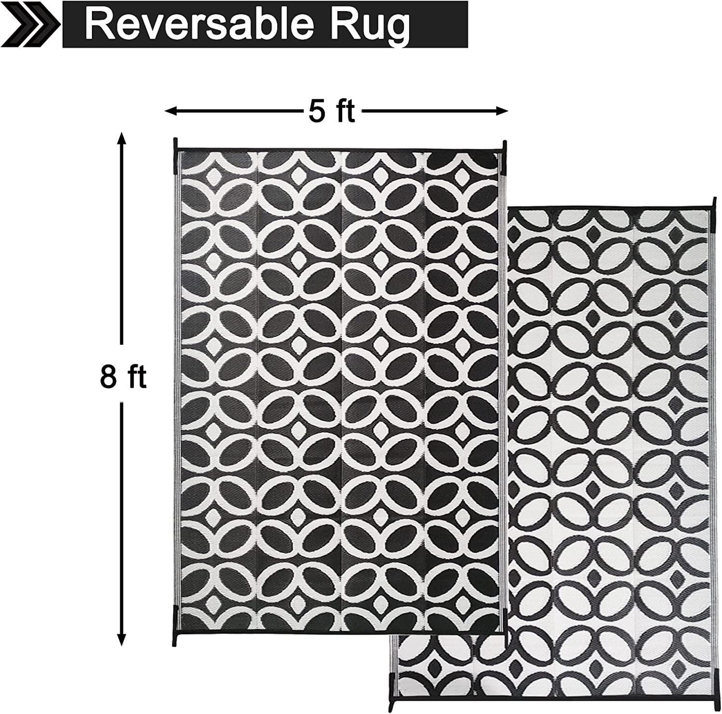 Outdoor Rug 5x8 Waterproof for Patios,Backyard,Balcony,Plastic Straw Mats,Black and White