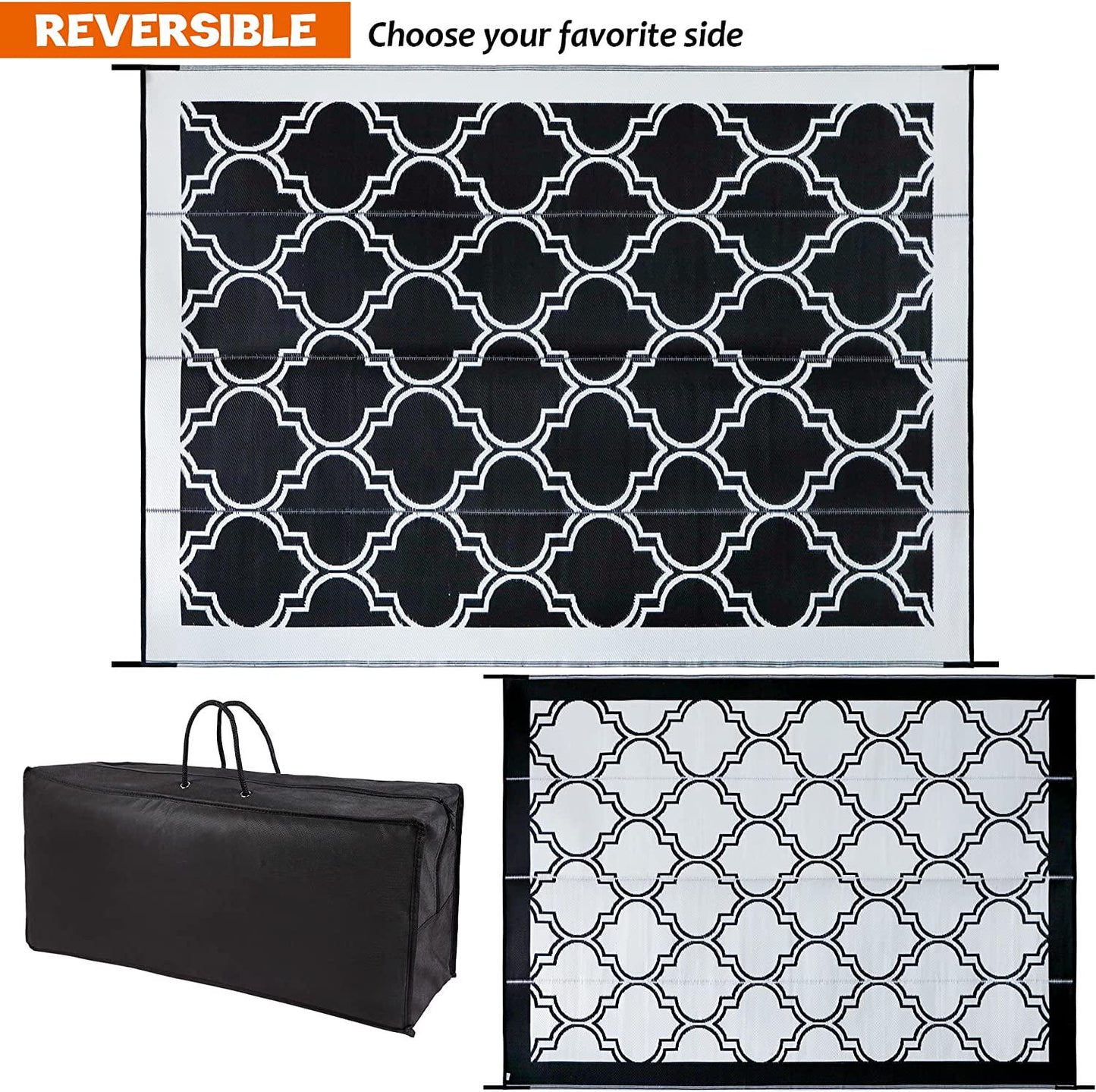 Reversible Mats, Plastic Straw Rug, Modern Area Rug, Large Floor Mat and Rug for Outdoors Black and White Quatrefoil)