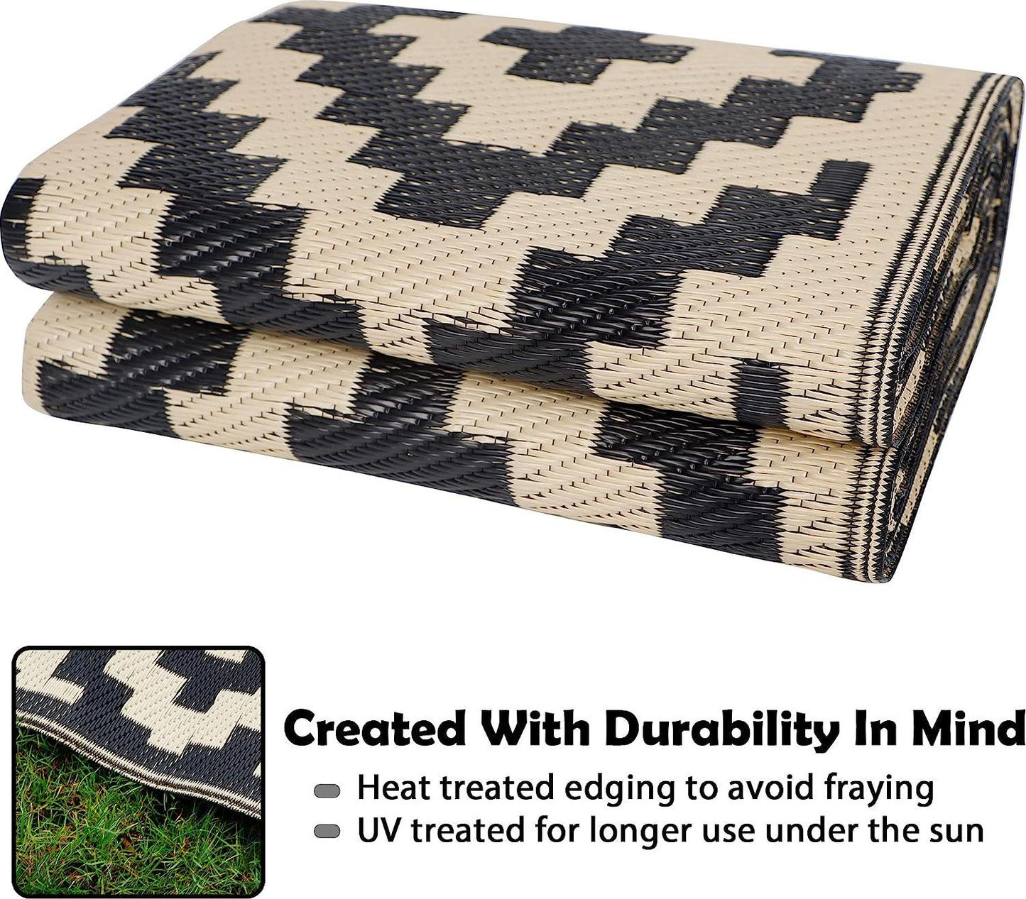 Reversible Mats, Plastic Straw Rug, Modern Area Rug, Large Floor Mat and Rug for Outdoors, Black and Beige, 5'x 8'