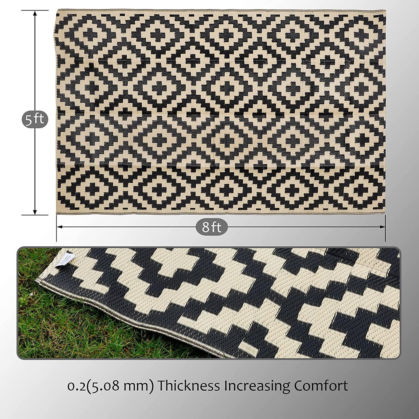 Reversible Mats, Plastic Straw Rug, Modern Area Rug, Large Floor Mat and Rug for Outdoors, Black and Beige, 5'x 8'