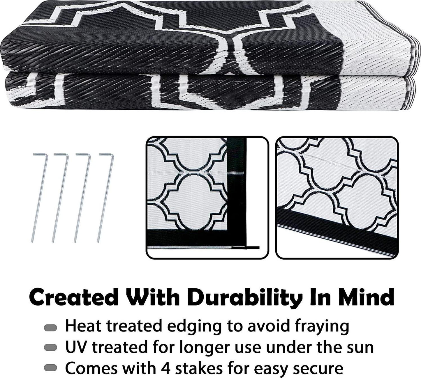 Reversible Mats, Plastic Straw Rug, Modern Area Rug, Large Floor Mat and Rug for Outdoors Black and White Quatrefoil)