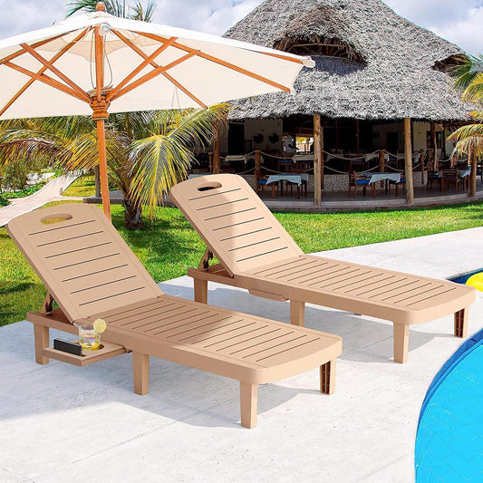 SELLERWE Outdoor Chaise Lounge Set of 2, Waterproof PP Lounge Chairs for Outside w/Adjustable 5 Positions and Cup Holder Sun Lounge Chair for Patio, Poolside, Beach, Yard in All Weather,Brown-