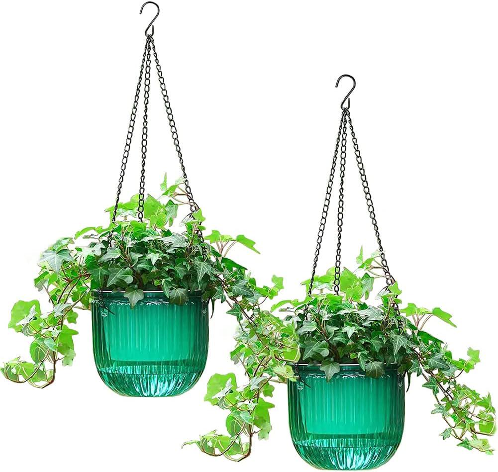 SNUGBERI 2 Pack Self Watering Hanging Planters, Indoor Outdoor Hanging Plant Pot Basket Plastic Hanging Flower Pots with Drainage Hole, Hooks-