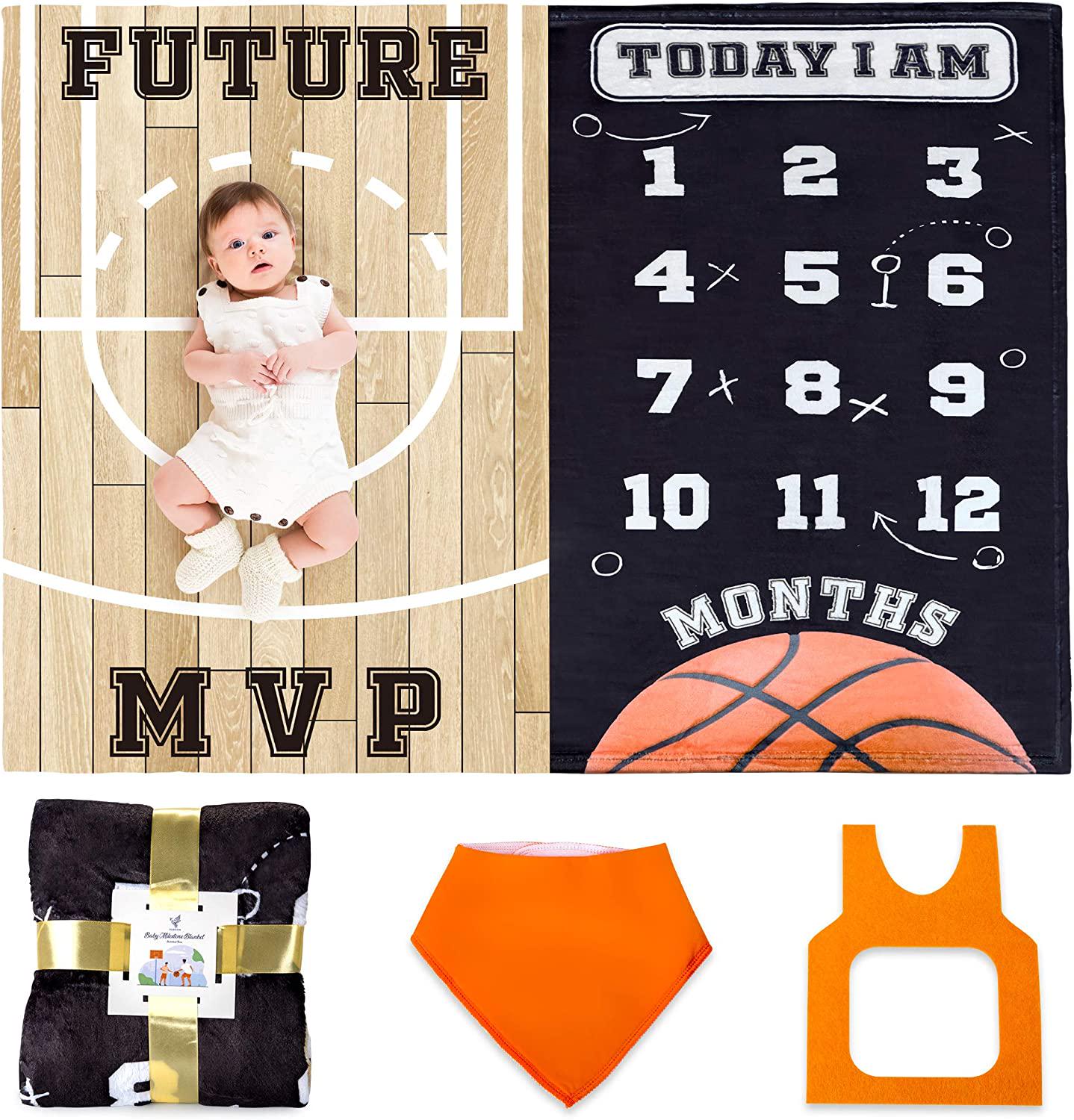 SUKOON Monthly Milestone Blanket for Baby Boy/Girl | Basketball Theme | Includes Frame and Bib | Large | 47 x40 | Personalized Baby Month Blanket for Newborn Baby Shower-