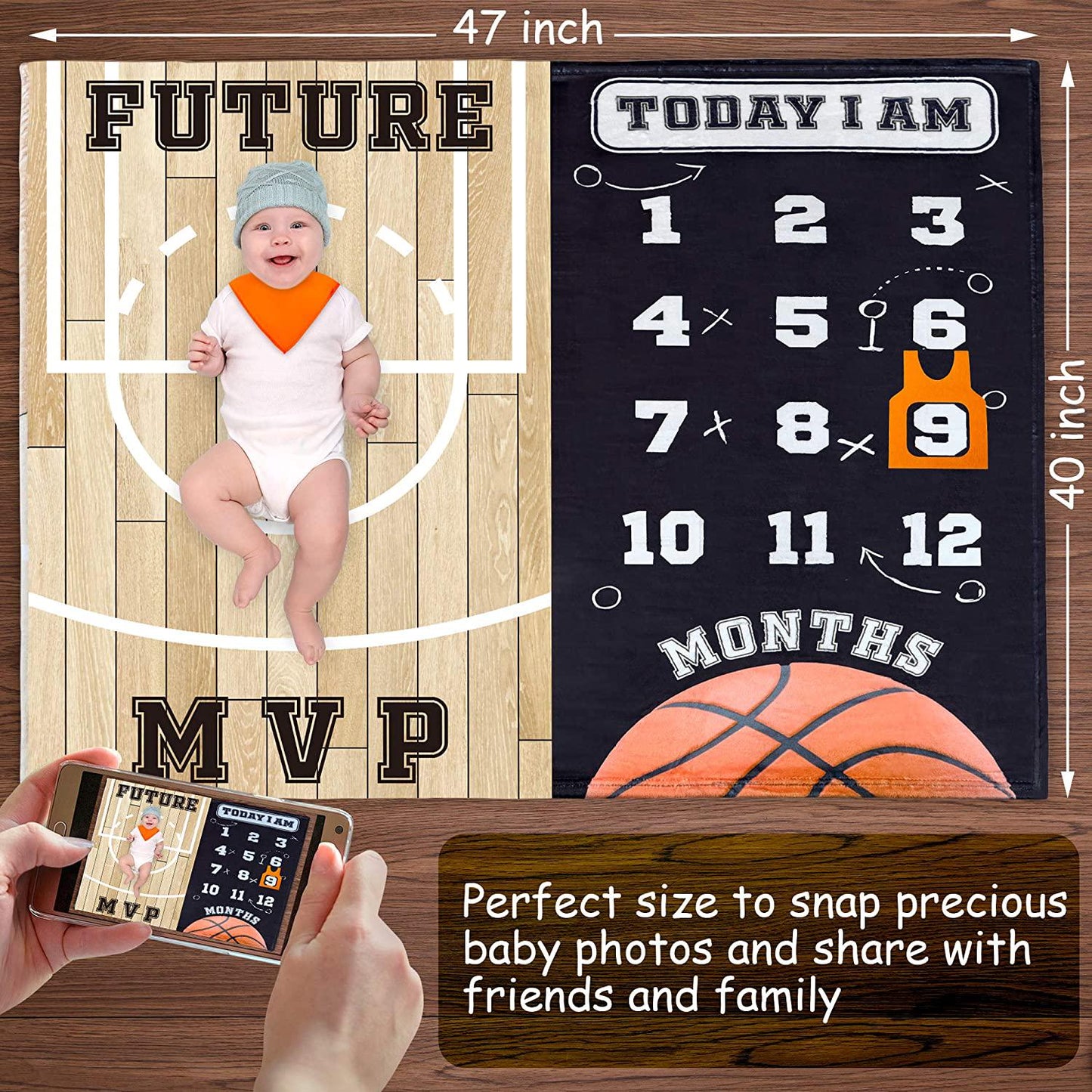 SUKOON Monthly Milestone Blanket for Baby Boy/Girl | Basketball Theme | Includes Frame and Bib | Large | 47 x40 | Personalized Baby Month Blanket for Newborn Baby Shower