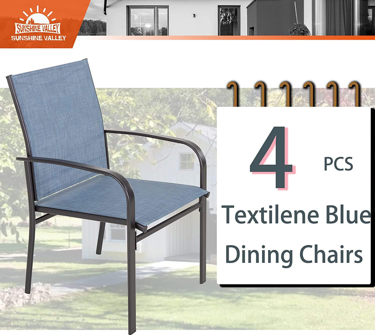 SUNSHINE VALLEY Outdoor Dining Chairs for 4,Garden Backyard Lawn Yard Furniture, Steel Frame with Textilene Fabric Blue Stable Patio Dining Chairs