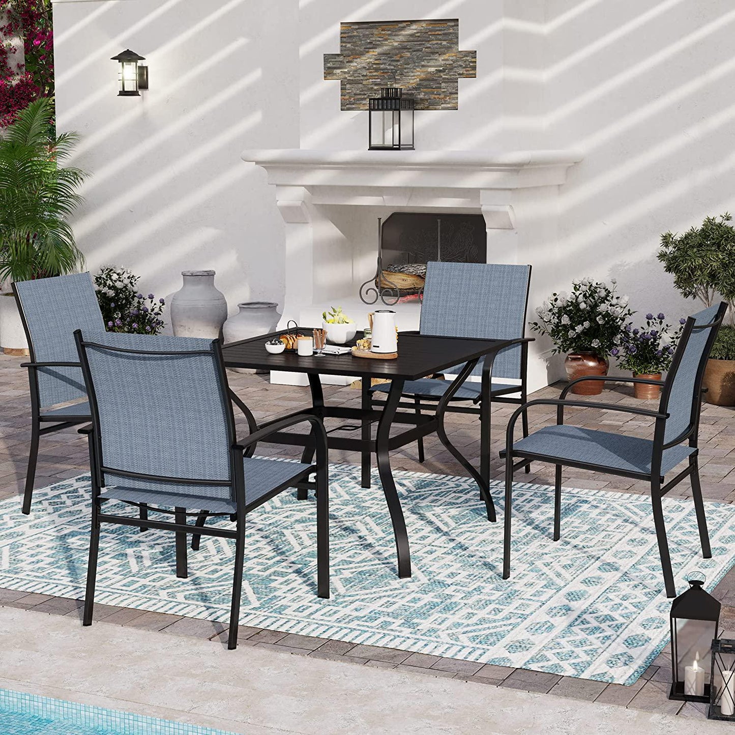 SUNSHINE VALLEY Outdoor Dining Chairs for 4,Garden Backyard Lawn Yard Furniture, Steel Frame with Textilene Fabric Blue Stable Patio Dining Chairs